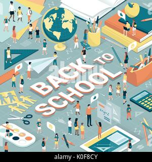 Bambini imparare e giocare insieme su una scrivania con libri, tablet e forniture scolastiche: istruzione e torna al concetto di scuola Illustrazione Vettoriale