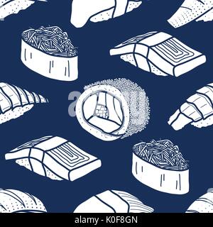 6 bianco silhouette sushi e rotolare su sfondo blu scuro. carino il cibo giapponese Illustrazione disegnata a mano stile. seamless pattern. Illustrazione Vettoriale