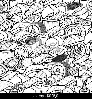 Un sacco di sushi e roll. carino il cibo giapponese Illustrazione disegnata a mano stile. seamless pattern. Illustrazione Vettoriale