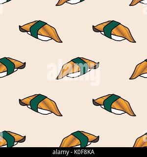 Unagi sushi su sfondo pastello. carino il cibo giapponese Illustrazione disegnata a mano stile. seamless pattern design. Illustrazione Vettoriale