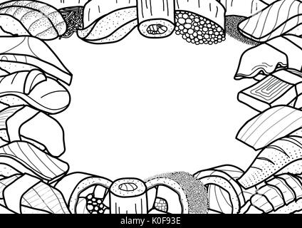 Il design dello sfondo con sushi intorno al bordo di contorno nero stile e spazio bianco per il testo al centro. carino il cibo giapponese illustrazione mano Illustrazione Vettoriale