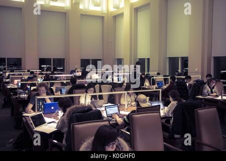 Gli studenti universitari studiano di notte nella sala di lettura del Brody Learning Commons, uno spazio di studio e una biblioteca nel campus Homewood della Johns Hopkins University a Baltimora, Maryland, 2015. Cortesia Eric Chen. Foto Stock