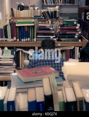 Uno studente laureato si trova nella sua stazione di lavoro sul suo laptop, circondato da mucchi di libri, nella Milton S. Eisenhower Library nel campus Homewood della Johns Hopkins University di Baltimora, Maryland, 2015. Cortesia Eric Chen. Foto Stock