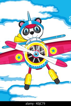 Cartoon piano Vintage e simpatico orso panda Pilot Illustrazione Vettoriale