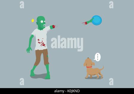 Gioco Zombie lanciare e afferrare un disco con il cane e il suo braccio off. Illustrazione Vettoriale