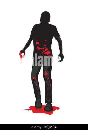 Silhouette zombie in piedi sul sangue. Illustrazione Vettoriale