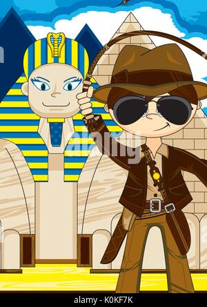 Cartoon Explorer carattere con sfinge egizia e piramide illustrazione Illustrazione Vettoriale