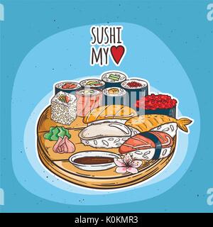 Doodle sushi e rotoli su legno. Tradizionale Giapponese piatti di cucina illustrazione. Immagine vettoriale per il ristorante asiatico menu. Illustrazione Vettoriale