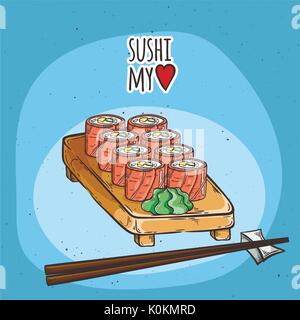 Doodle sushi e rotoli su legno. Tradizionale Giapponese piatti di cucina illustrazione. Immagine vettoriale per il ristorante asiatico menu. Illustrazione Vettoriale