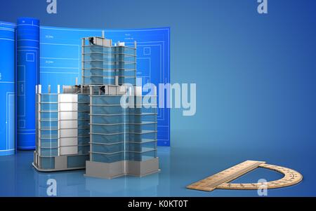 3d illustrazione del quartiere della città costruzione con rullo di trascinamento su sfondo blu Foto Stock