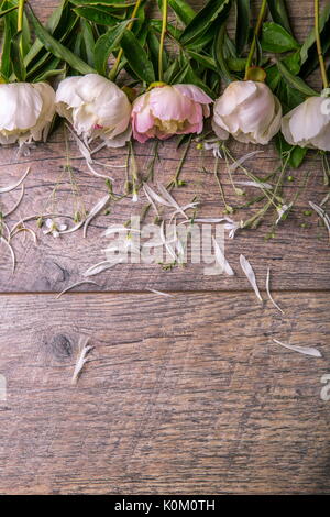 Splendide peonie rosa su bianco in legno rustico sfondo. Spazio di copia Foto Stock