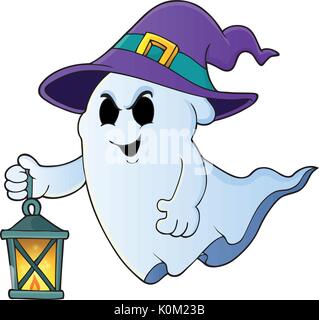 Ghost con hat e lanterna tema 1 - eps10 illustrazione vettoriale. Illustrazione Vettoriale