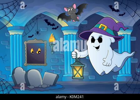 Ghost con hat e lanterna tema 6 - eps10 illustrazione vettoriale. Illustrazione Vettoriale