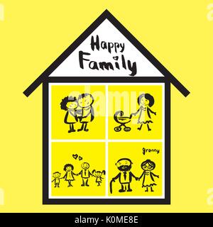 La famiglia felice e home, disegnati a mano vector Illustrazione Vettoriale