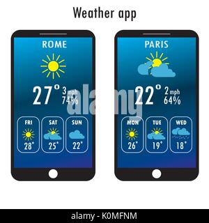 Smartphone moderno con app Meteo sullo schermo. Design piatto modello per le applicazioni mobili, illustrazione vettoriale Illustrazione Vettoriale