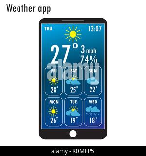 Smartphone moderno con app Meteo sullo schermo. Design piatto modello per le applicazioni mobili, illustrazione vettoriale Illustrazione Vettoriale