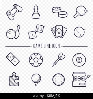 Giochi icone lineare. Ping-pong, golf, biliardo, freccette attività per il tempo libero. Il gioco d'azzardo gioco di sport le icone della linea. Illustrazione Vettoriale