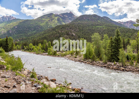 Un viaggio in treno in partenza da Rockwood Depot lungo il Fiume Animas al di fuori di Durango in Colorado. Foto Stock