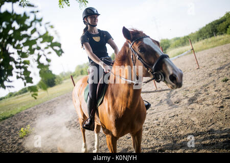 Ritratto di giovane donna di equitazione in campagna Foto Stock