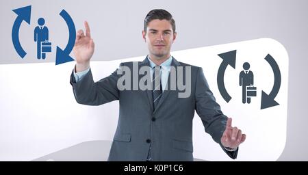 Composito Digitale di imprenditore di interazione e di scelta di una persona dal popolo le icone con i simboli di aggiornamento Foto Stock