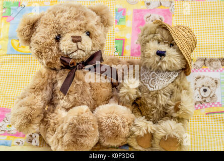 Due cucci orsacchiotti di peluche con un disegno di orsacchiotto Foto Stock