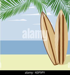 Tavole da surf in spiaggia con uno sfondo con spazio di copia Illustrazione Vettoriale