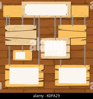 Set di vuoto segno di legno pannelli appeso con le catene sulle pareti in legno sfondo Illustrazione Vettoriale