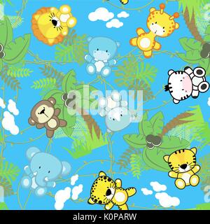 Illustrazione del modello senza cuciture con simpatici baby safari animali con la giungla di piante, design per bambini su sfondo blu, ideale per vivaio art decor Illustrazione Vettoriale