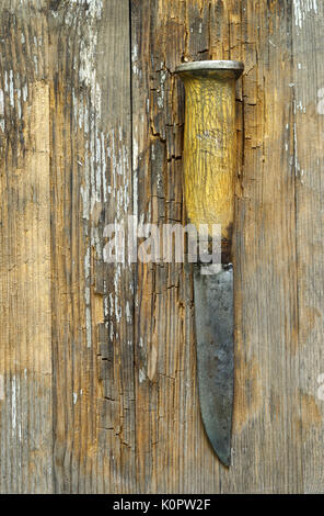 Tradizionale finlandese puukko coltello su un sfondo di legno Foto Stock