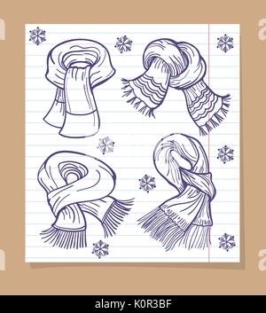 Disegno a penna biro sciarpe e fiocchi di neve sulla pagina di linea. Illustrazione Vettoriale Illustrazione Vettoriale