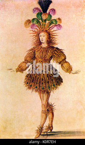 LOUIS XIV - Ballet costume indossato da Luigi XIV (1638-1715, re in 1643-1715) - come APOLLO /il dio Sole nel Ballet royal de la nuit / Balletto della notte nel 1653. L'incisione (Corte francese ballet dal XVII secolo) Foto Stock