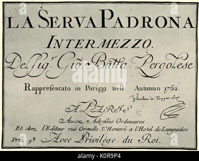 Giovanni Battista Pergolesi, 1710-1736. Titlepage della prima edizione de La serva padrona di Pergolesi, 1752. Foto Stock