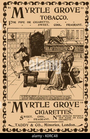 Un Victorian (1896) pubblicità per il mirto Grove & tabacco sigarette dotate di Sir Walter Raleigh di fumare un extra di un lungo tubo e servo portando acqua per spegnere il fuoco Foto Stock