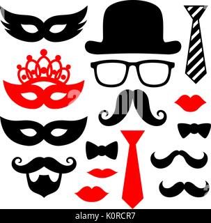 Set di black mustaches,labbra e sagome gli elementi di design per party puntelli isolati su sfondo bianco Illustrazione Vettoriale