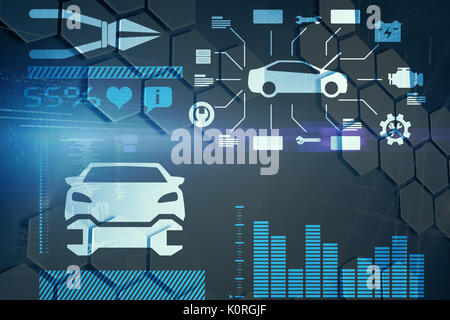 Digital immagine composita della vettura circondato da strumenti contro gli esagoni in strutture molecolari Foto Stock