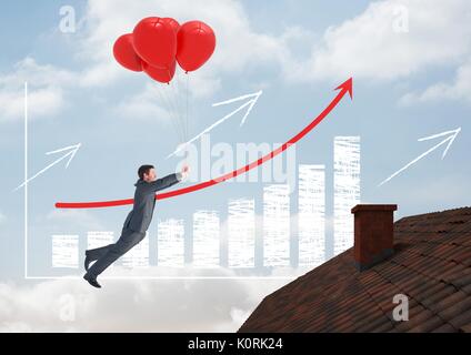 Digitali compositi incrementato del grafico a barre e imprenditore flottante con palloncini da tetto con camino e cielo blu Foto Stock