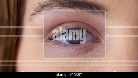 Digital composito di donna con occhio casella del focus dettaglio e linee Foto Stock