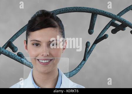 Composito Digitale del medico donna con 3D il filamento di DNA contro uno sfondo grigio Foto Stock