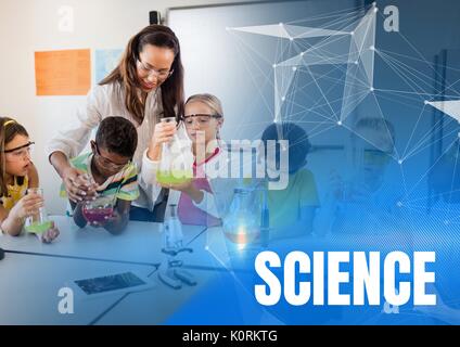 Composito Digitale della scienza testo e insegnante di scienze con la classe Foto Stock