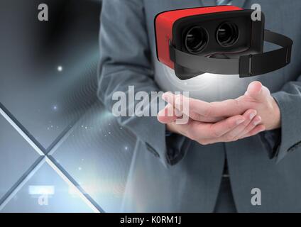 Digital composito di mani e di interagire con la realtà virtuale auricolare con effetto di transizione Foto Stock