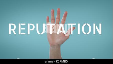 Composito Digitale di mano interagenti con reputazione testo aziendale contro sfondo blu Foto Stock