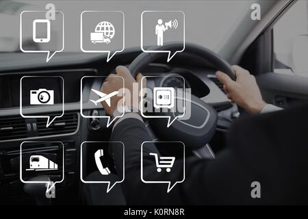 Digital composito di icone telefono contro la persona in auto Foto Stock