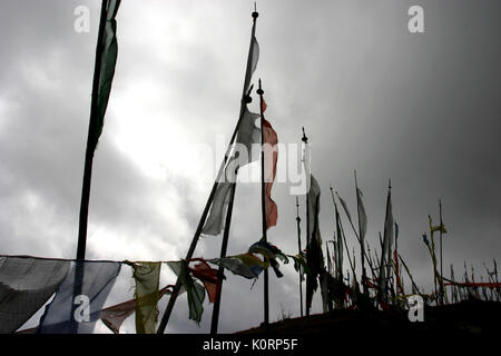 Il Bhutan - bandiere di preghiera su Cheli La Pass, 35 km a ovest di Paro, Bhutan Foto Stock