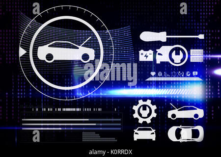 Immagine digitale di vetture e strumenti contro la tecnologia Blu interfaccia con codice binario Foto Stock
