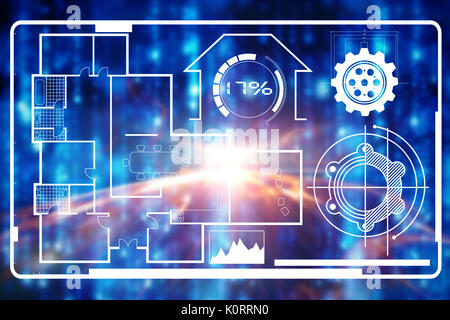 Digital immagine composita di blueprint contro la matrice incandescente Foto Stock