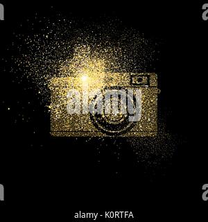 Vintage il simbolo della telecamera concetto illustrazione, gold icona fotografia fatta di realistica golden glitter polvere su sfondo nero. EPS10 vettore. Illustrazione Vettoriale
