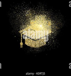 Tappo di graduazione concetto simbolo illustrazione, oro studente di college icona resa realistica golden glitter polvere su sfondo nero. EPS10 vettore. Illustrazione Vettoriale