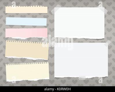 Bianca e colorata strappata governata, striped nota, copybook, notebook carta bloccata sul fondo creato dei cuori forma. Illustrazione Vettoriale