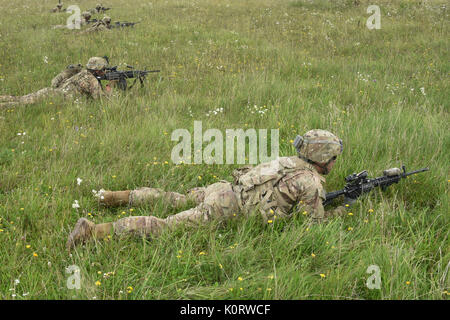 I soldati statunitensi della Bravo Company conducono un'esercitazione combinata di armi dal vivo presso l'area di addestramento di Grafenwoehr, Germania, migliorando la preparazione al combattimento e il coordinamento delle unità. Foto Stock
