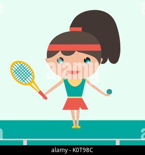 Sorridente sportive giovane giocatore di tennis Racchetta di contenimento e la sfera. Donna allegra giocando a tennis. Vector design piatto illustrazione. Il layout orizzontale Illustrazione Vettoriale